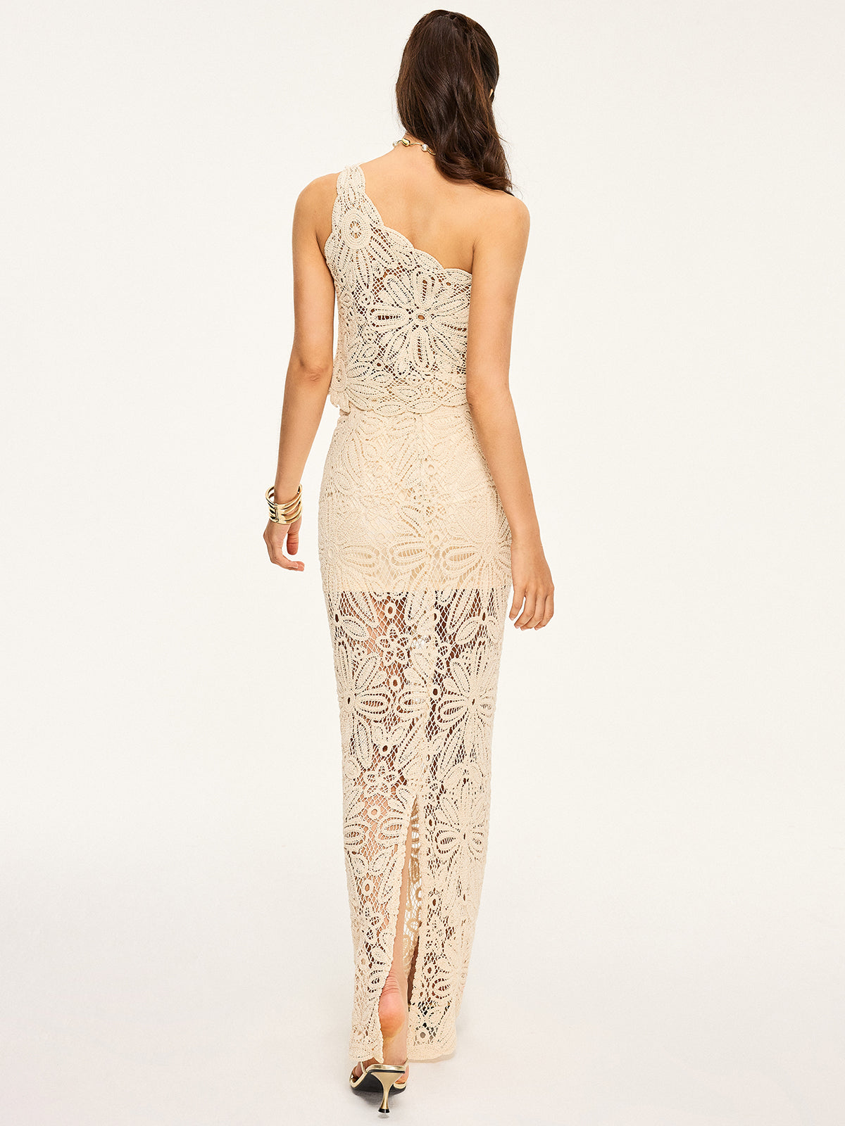 One-Shoulder Crochet Crop Top and Maxi Skirt Set