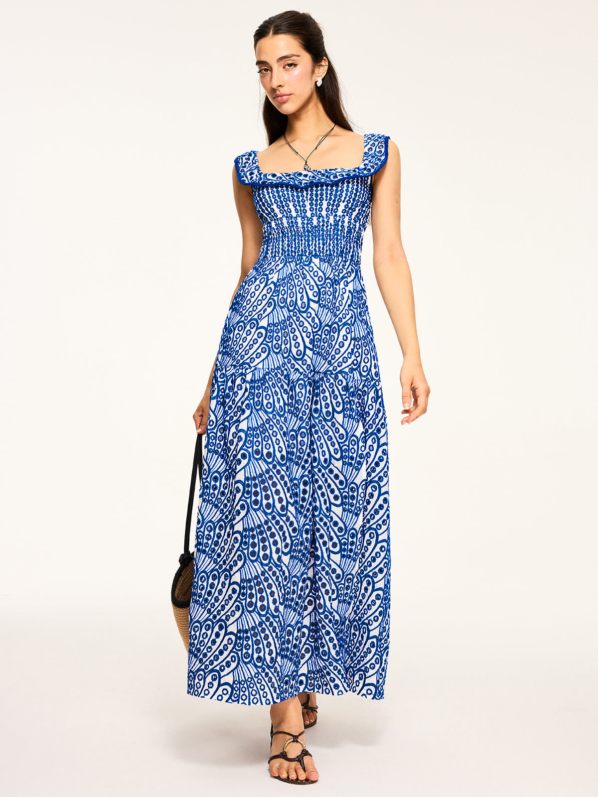 Semi-Sheer Embroidered Maxi Dress with Ruffled Trim