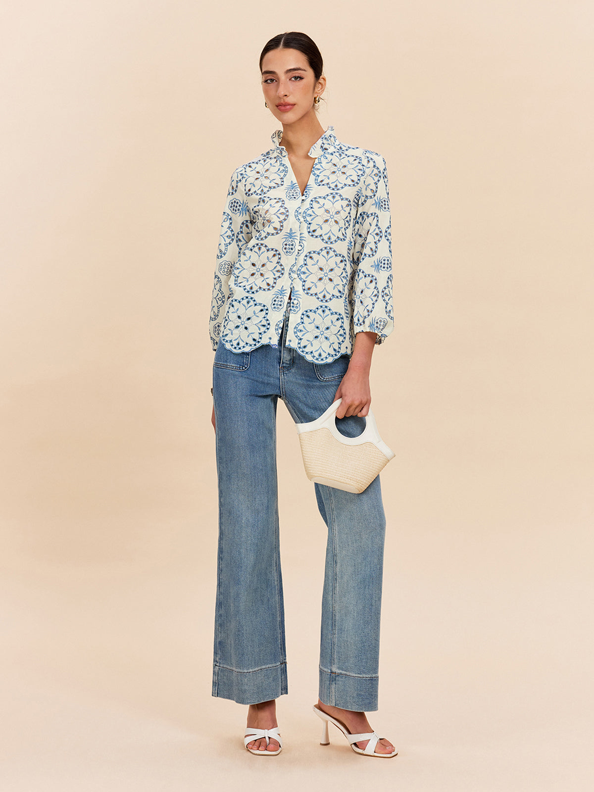 Semi-Sheer Embroidered Button-Down Shirt