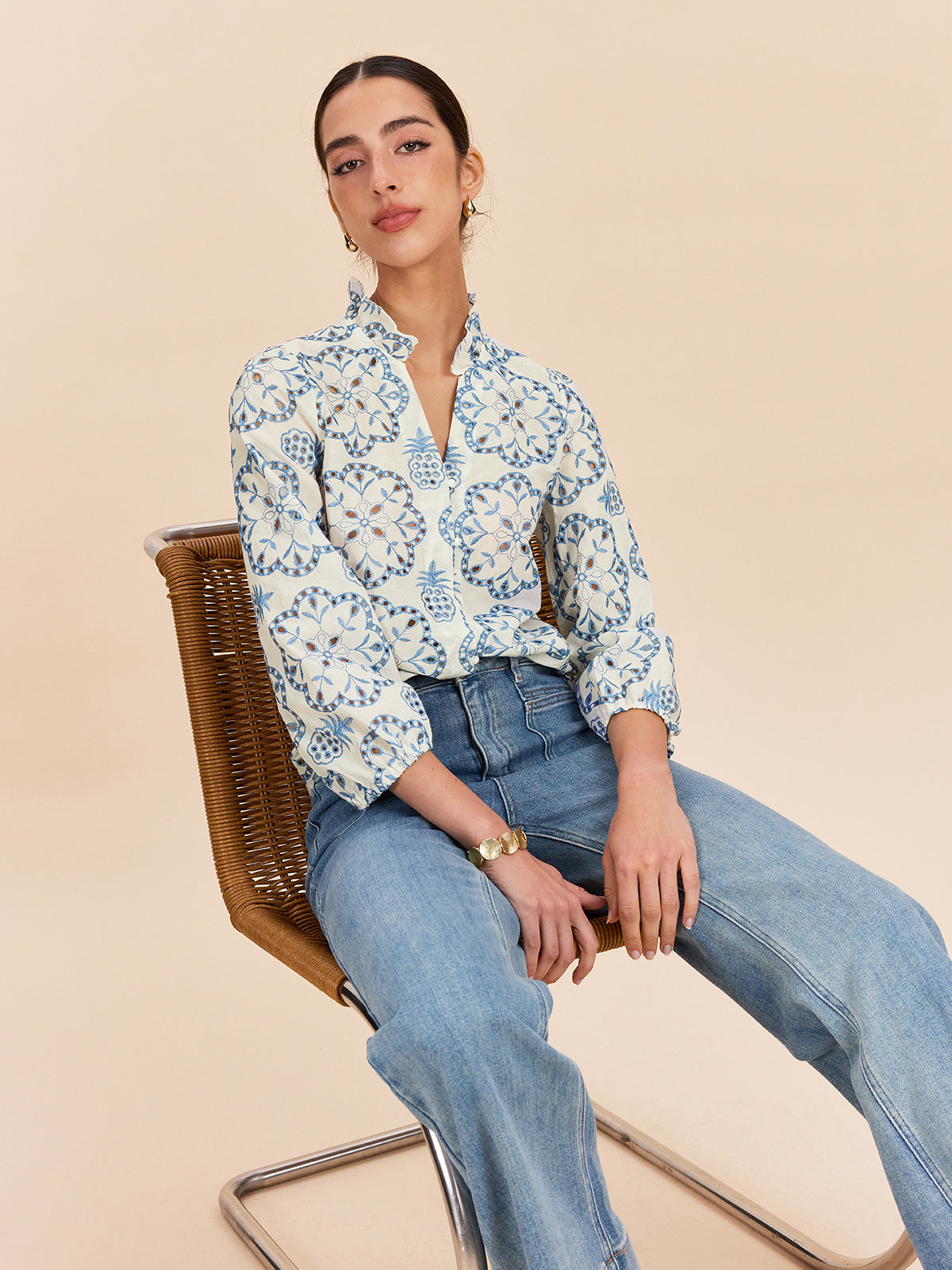 Semi-Sheer Embroidered Button-Down Shirt