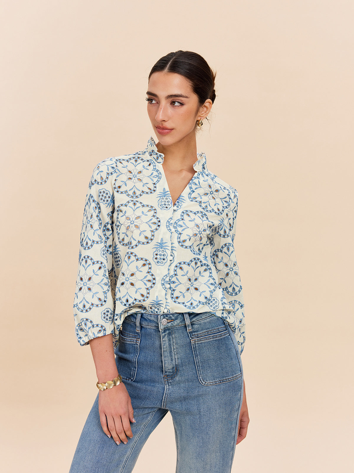 Semi-Sheer Embroidered Button-Down Shirt