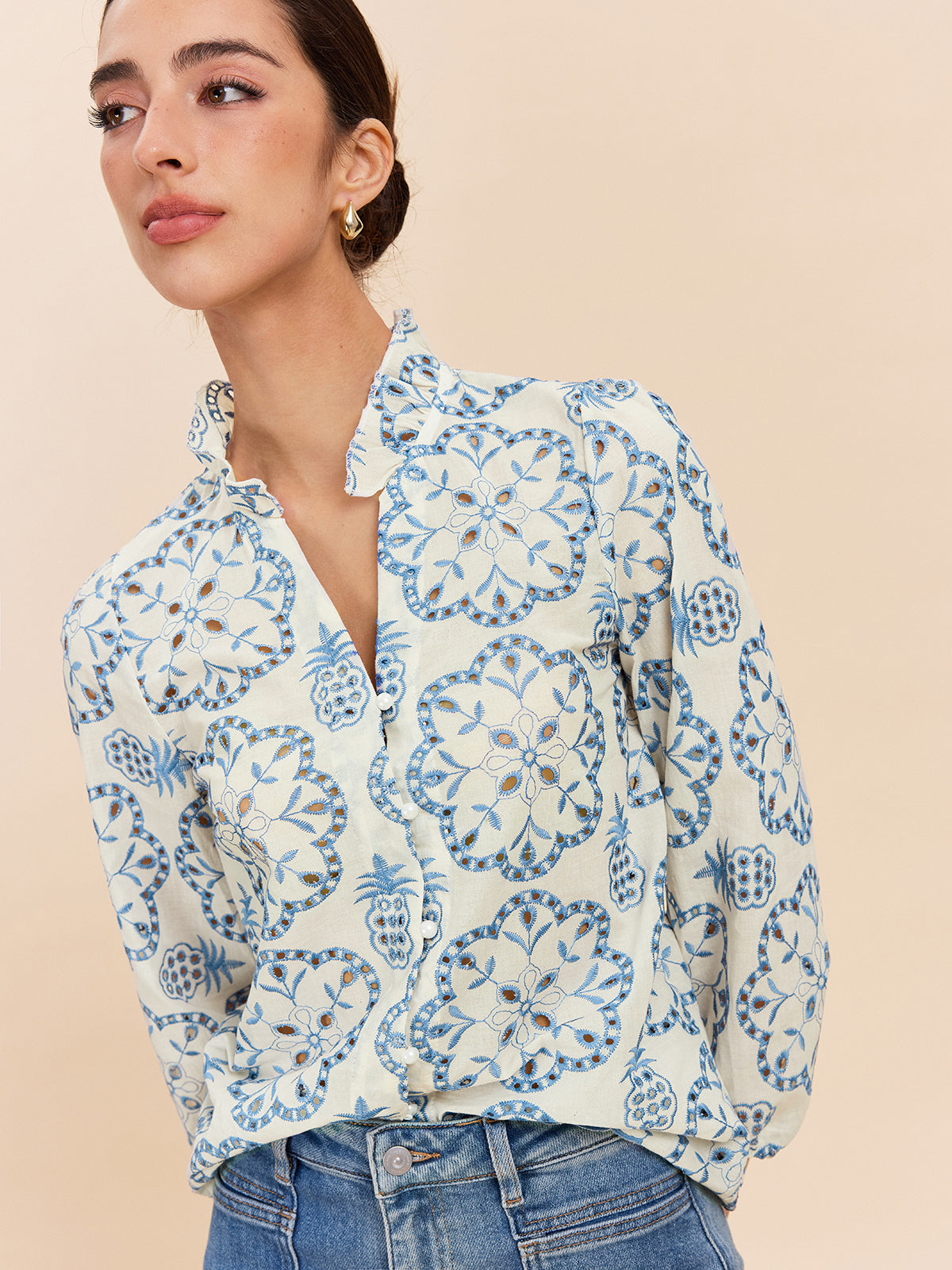 Semi-Sheer Embroidered Button-Down Shirt