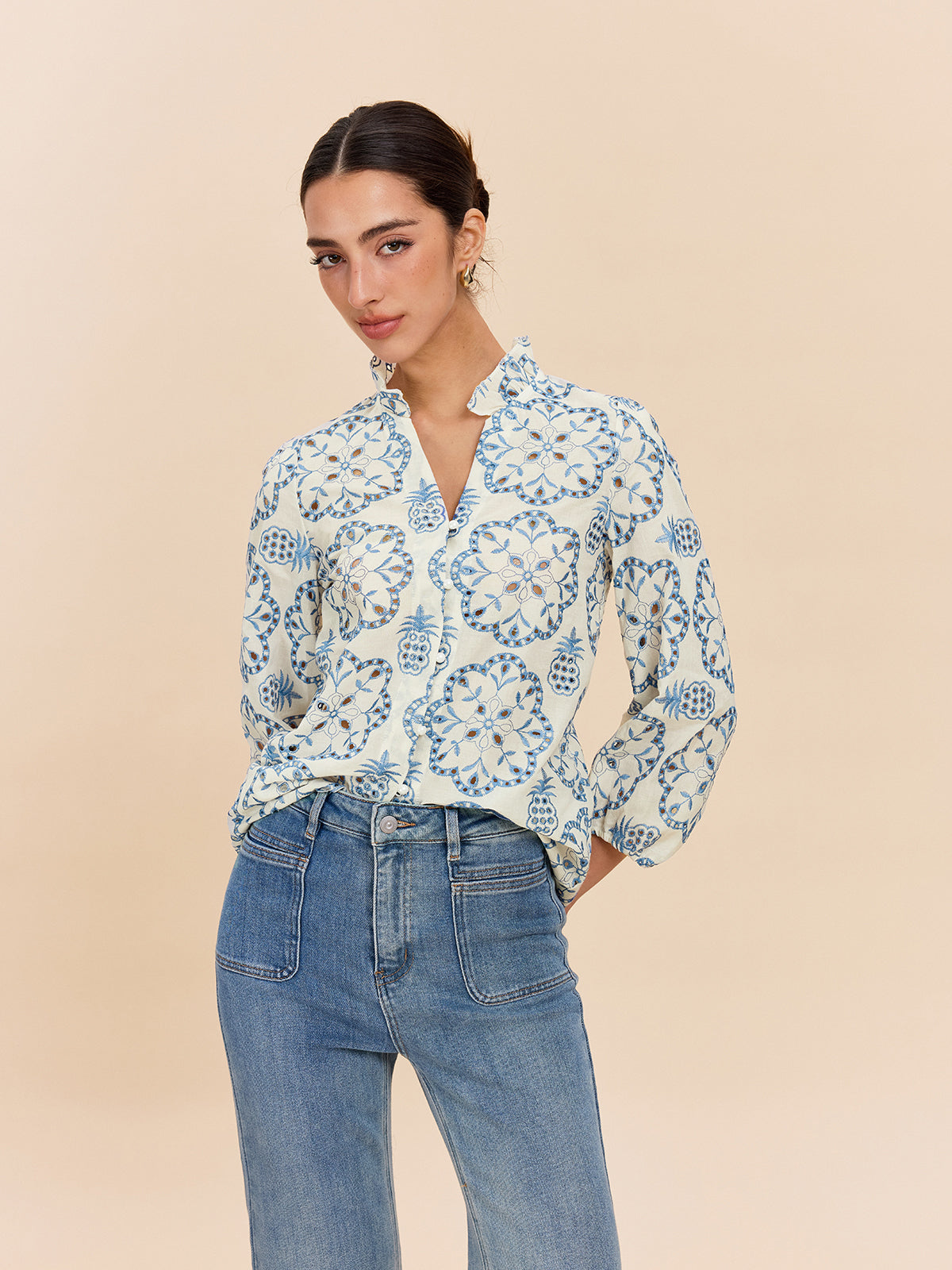 Semi-Sheer Embroidered Button-Down Shirt