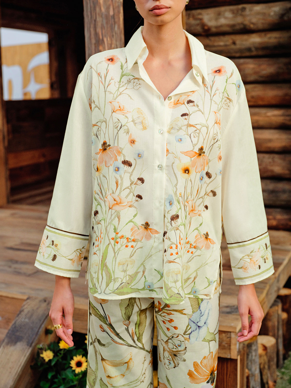 Semi-Sheer Floral Print Button-Up Shirt