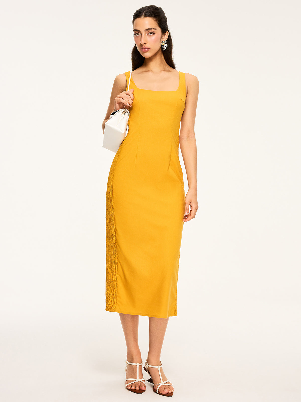 Robe midi froncée en coton et lin