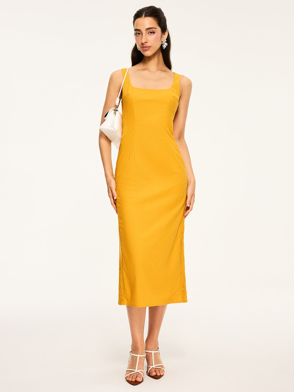 Robe midi froncée en coton et lin