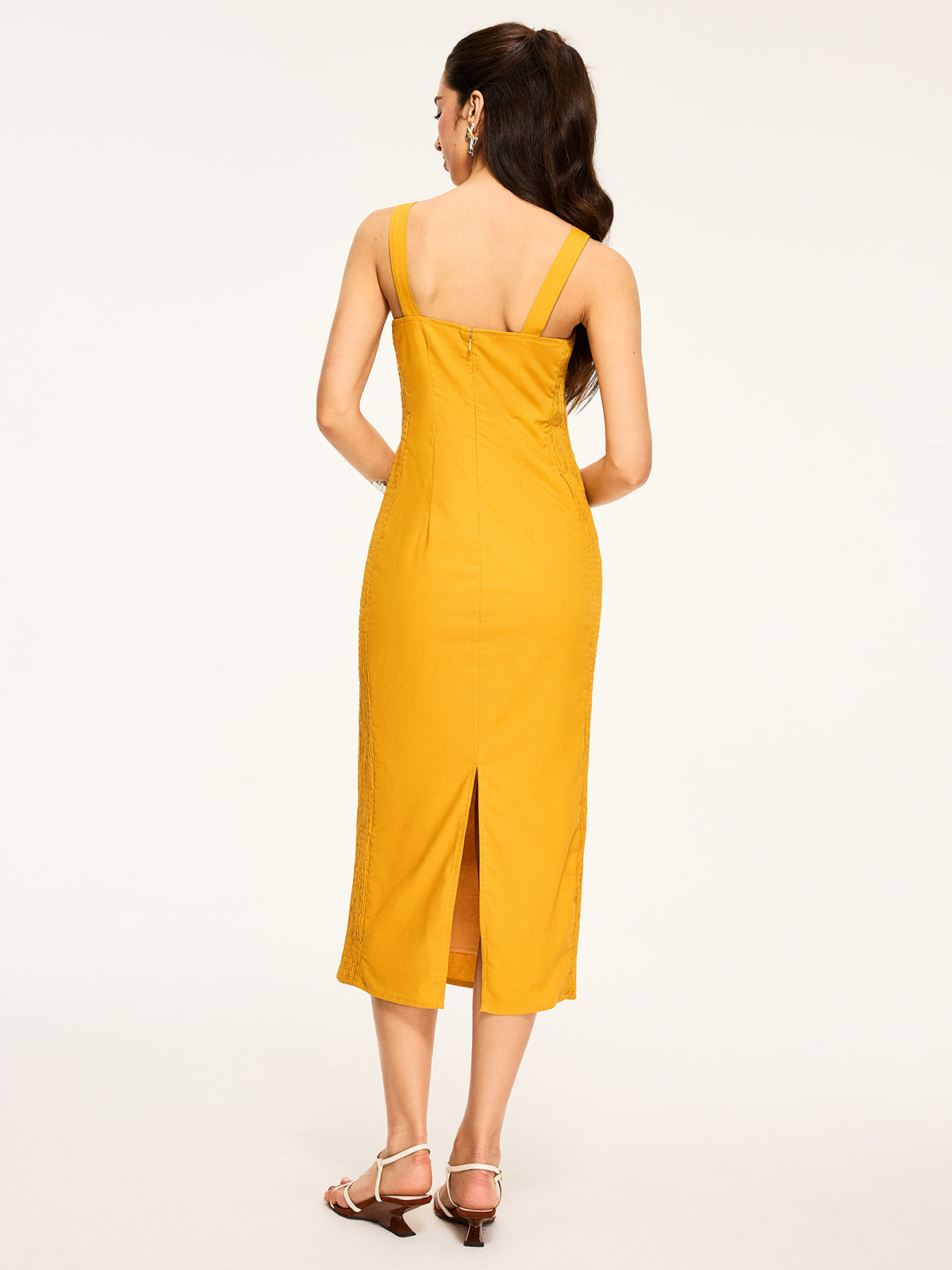 Robe midi froncée en coton et lin