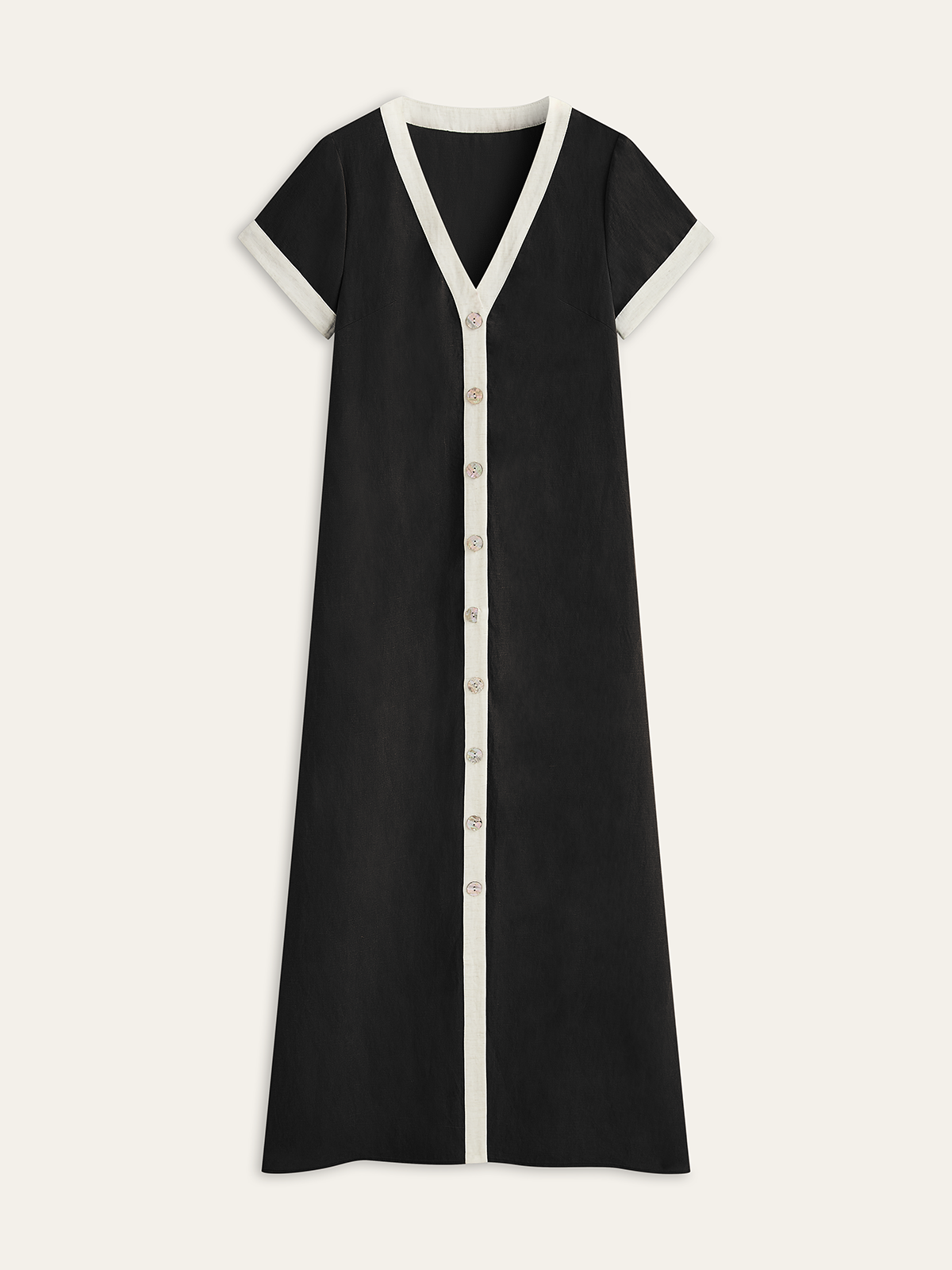 Kleid aus Baumwolle und Leinen mit hohem Schlitz und kontrastierenden Besätzen