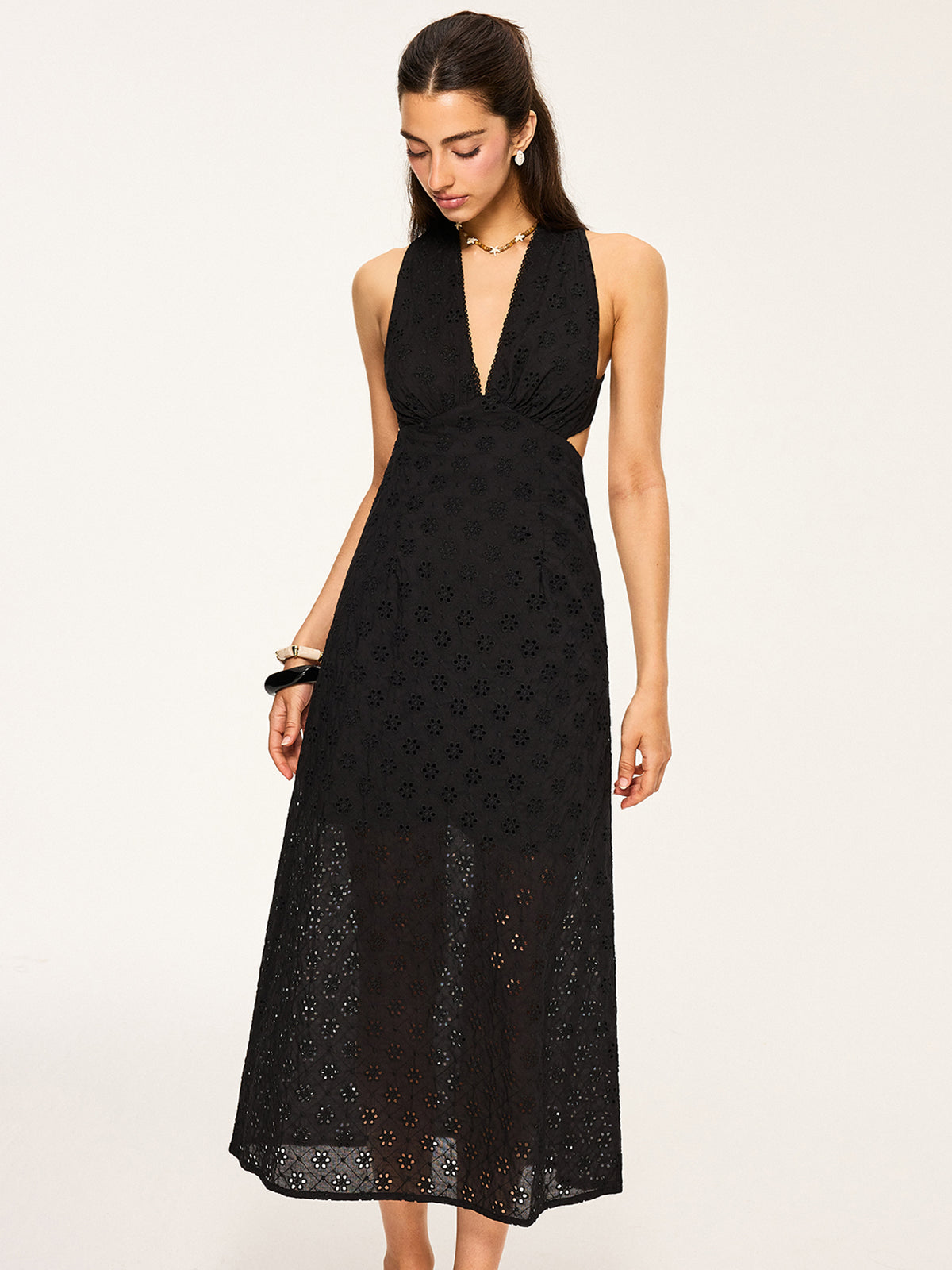 Robe midi semi-transparente sans dos à œillets et dos croisé