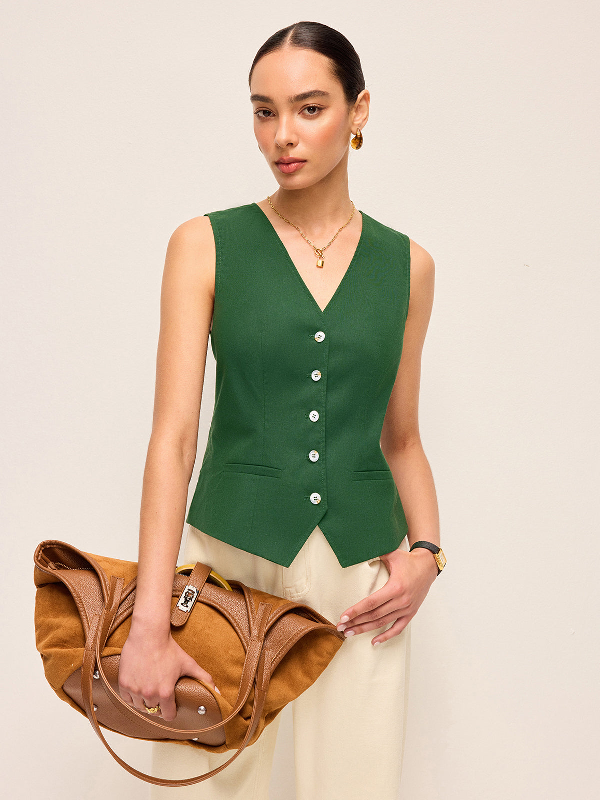 Cotton & Linen Asymmetric Button Vest With Back Bow