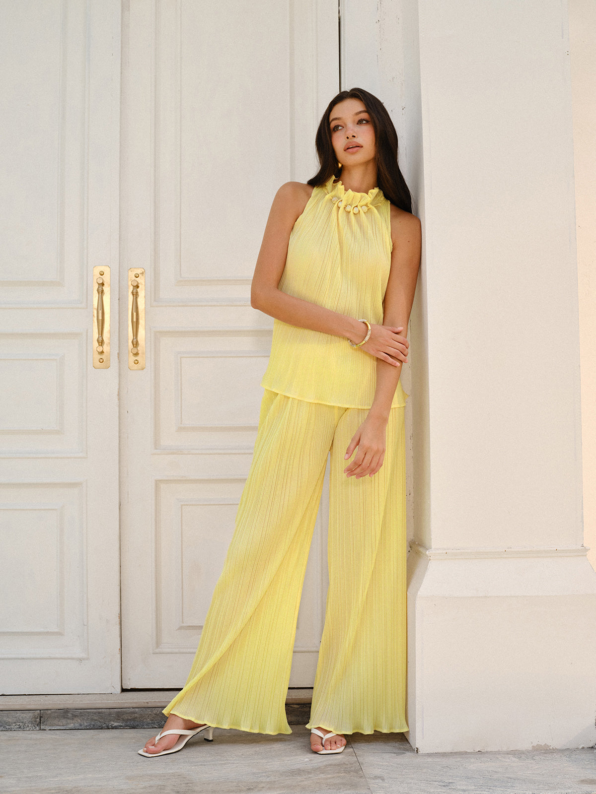 Plissiertes Oberteil und Hose mit weitem Bein Set