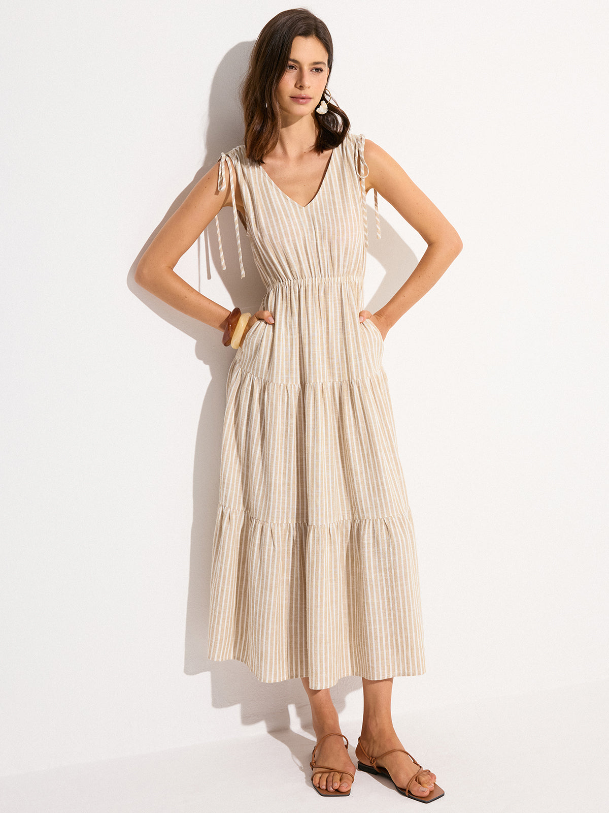 Pocketed Striped Linen & Cotton Tiered Maxi Dress