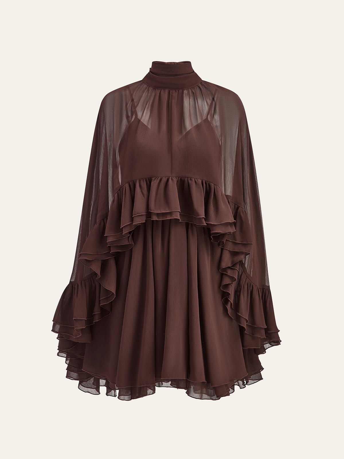 Halbtransparentes Chiffon-Rüschenkleid mit Umhang