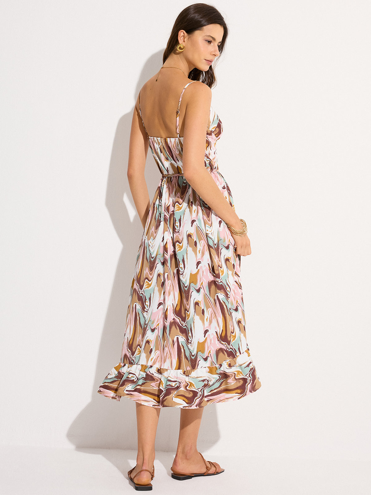 Robe midi sans manches à nouer à la taille et imprimée
