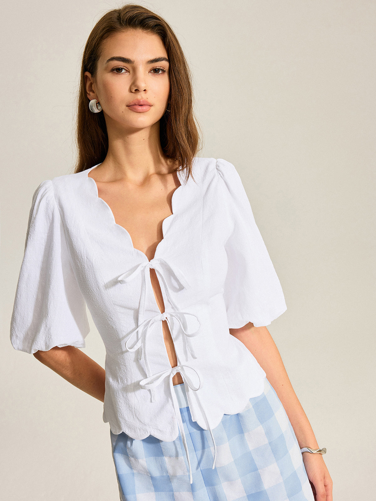 Cotton & Linen Scallop Trim Puff Sleeve Top