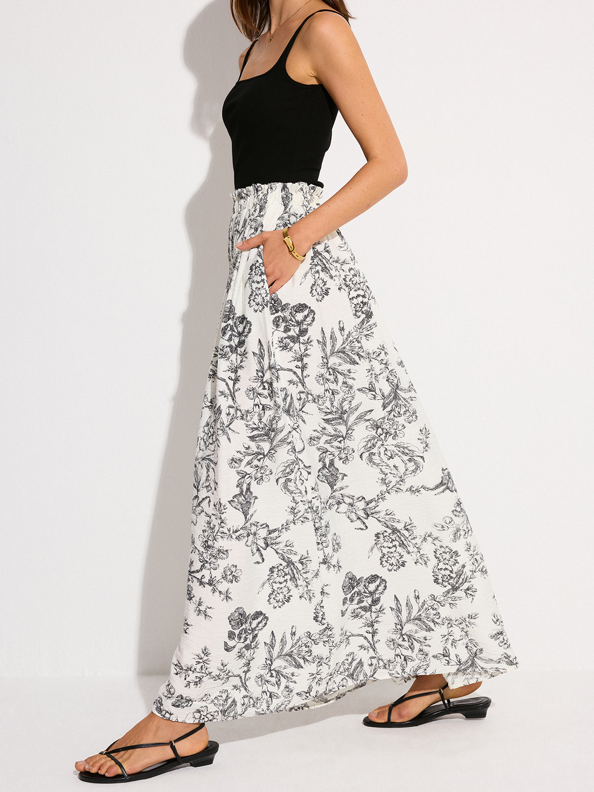 Pocketed Floral Print Maxi Skirt