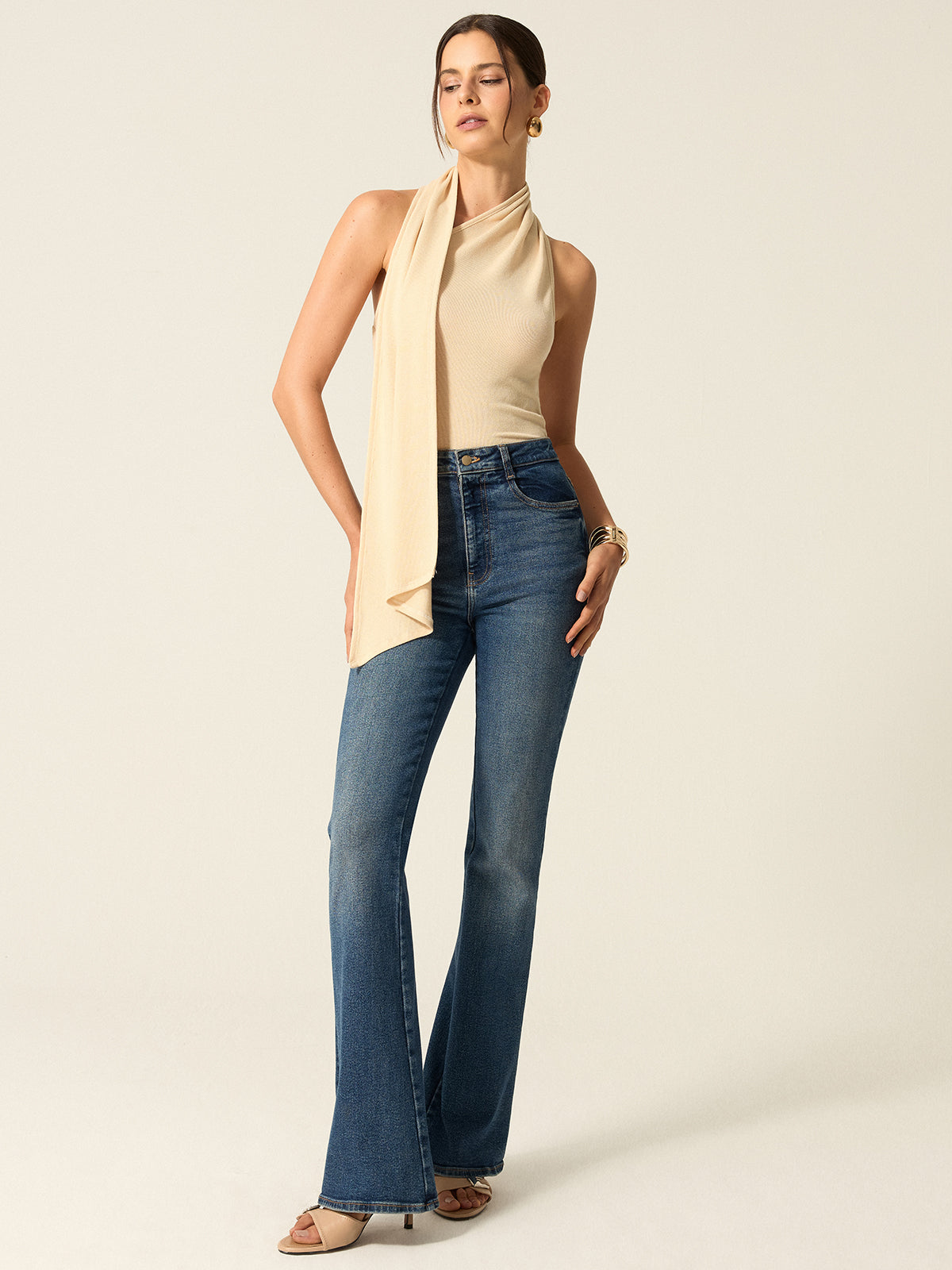 Halter Backless Top with Draped Scarf Detail