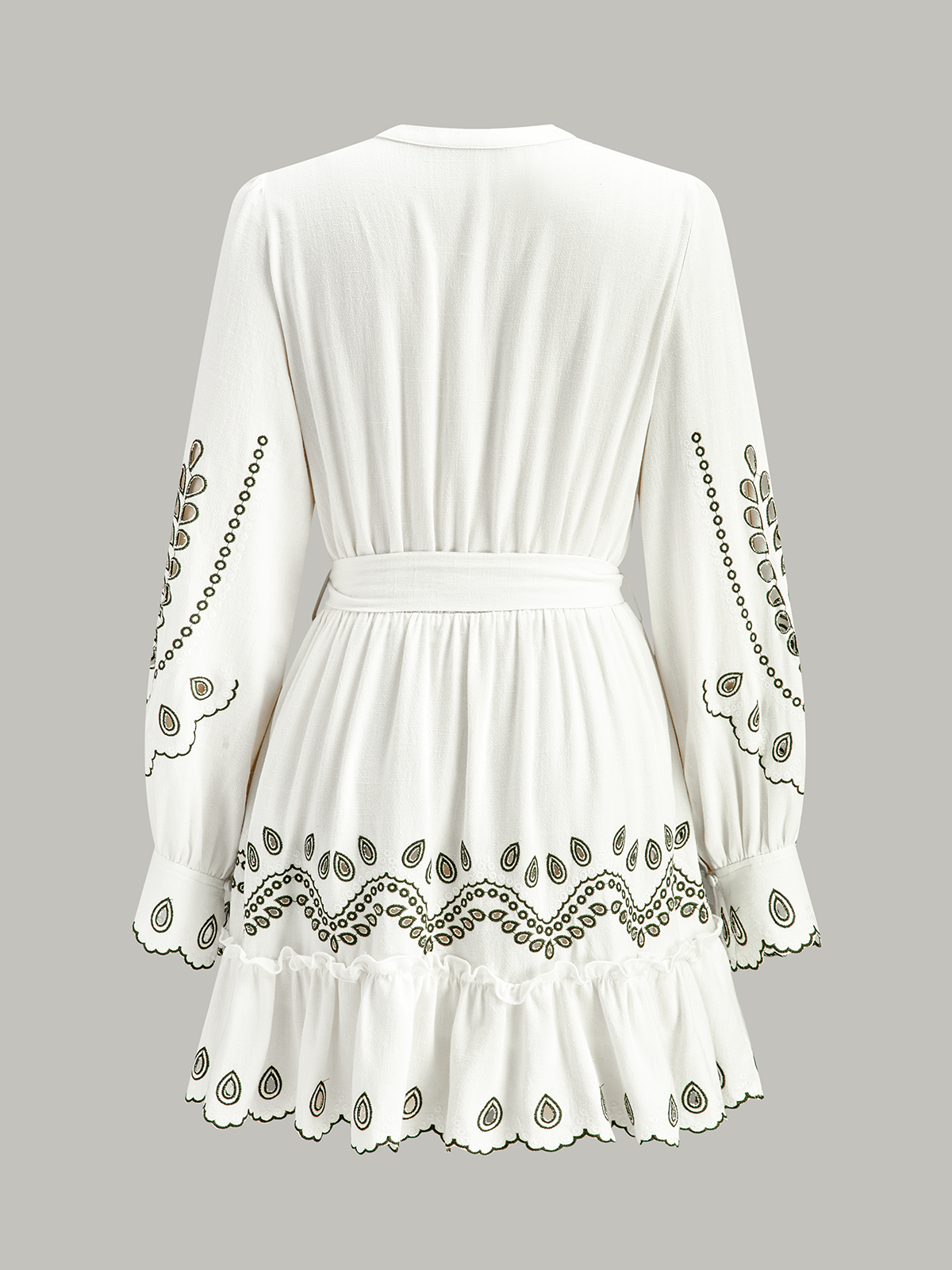 Mini-robe brodée ceinturée en lin et coton