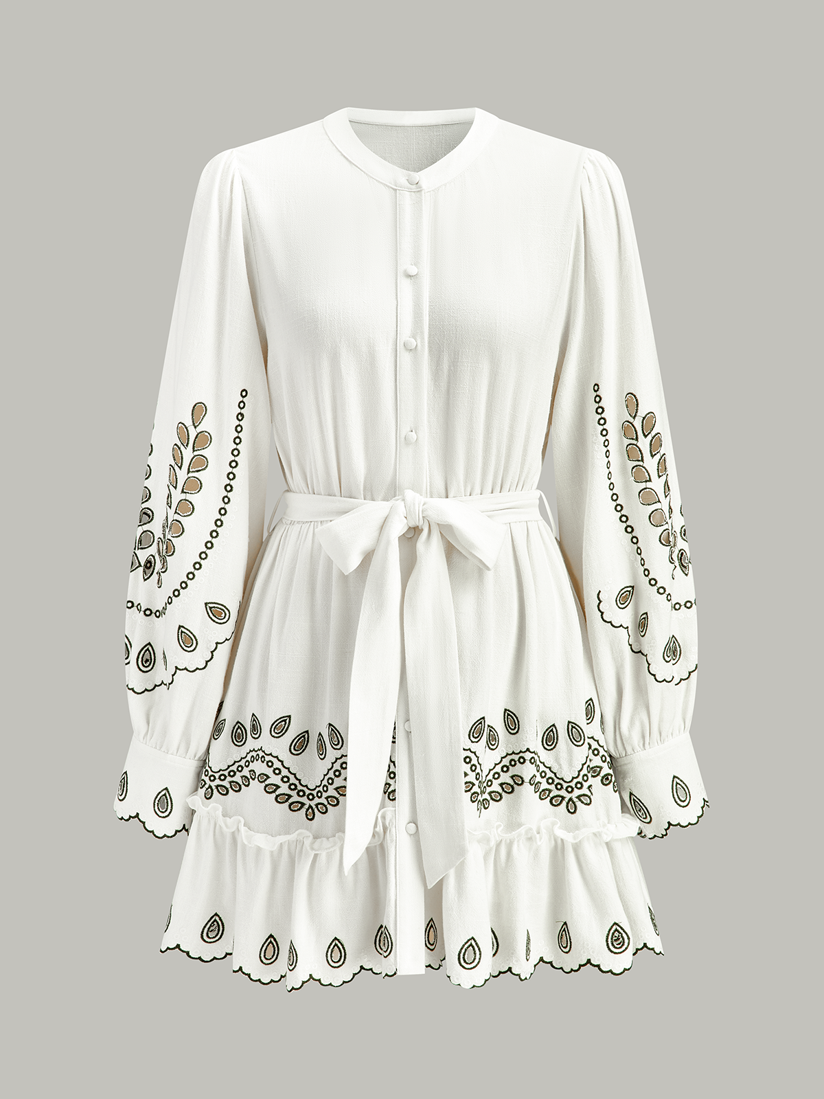 Mini-robe brodée ceinturée en lin et coton