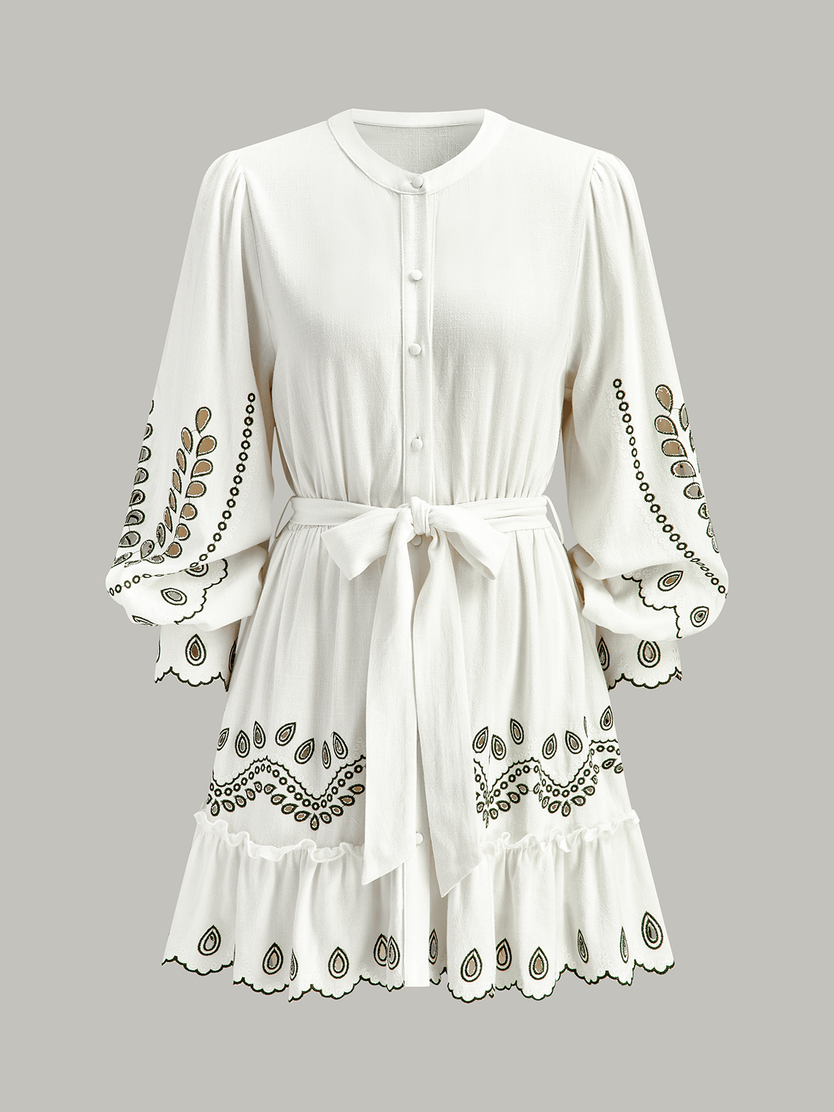Mini-robe brodée ceinturée en lin et coton