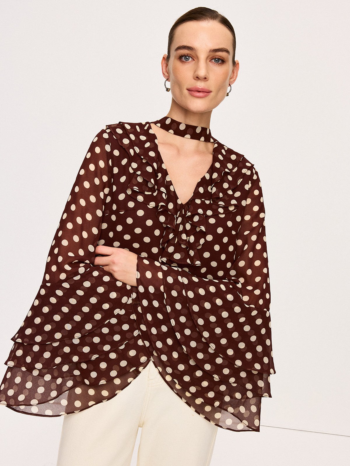 Semi-Sheer Polka Dot Bell-Sleeve Chiffon Blouse