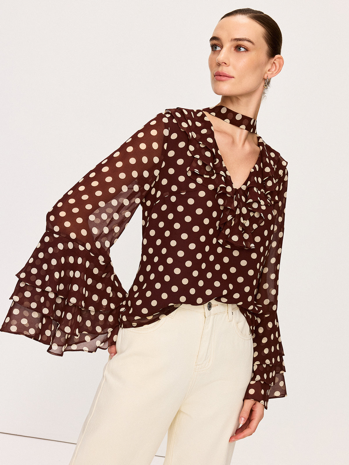 Semi-Sheer Polka Dot Bell-Sleeve Chiffon Blouse