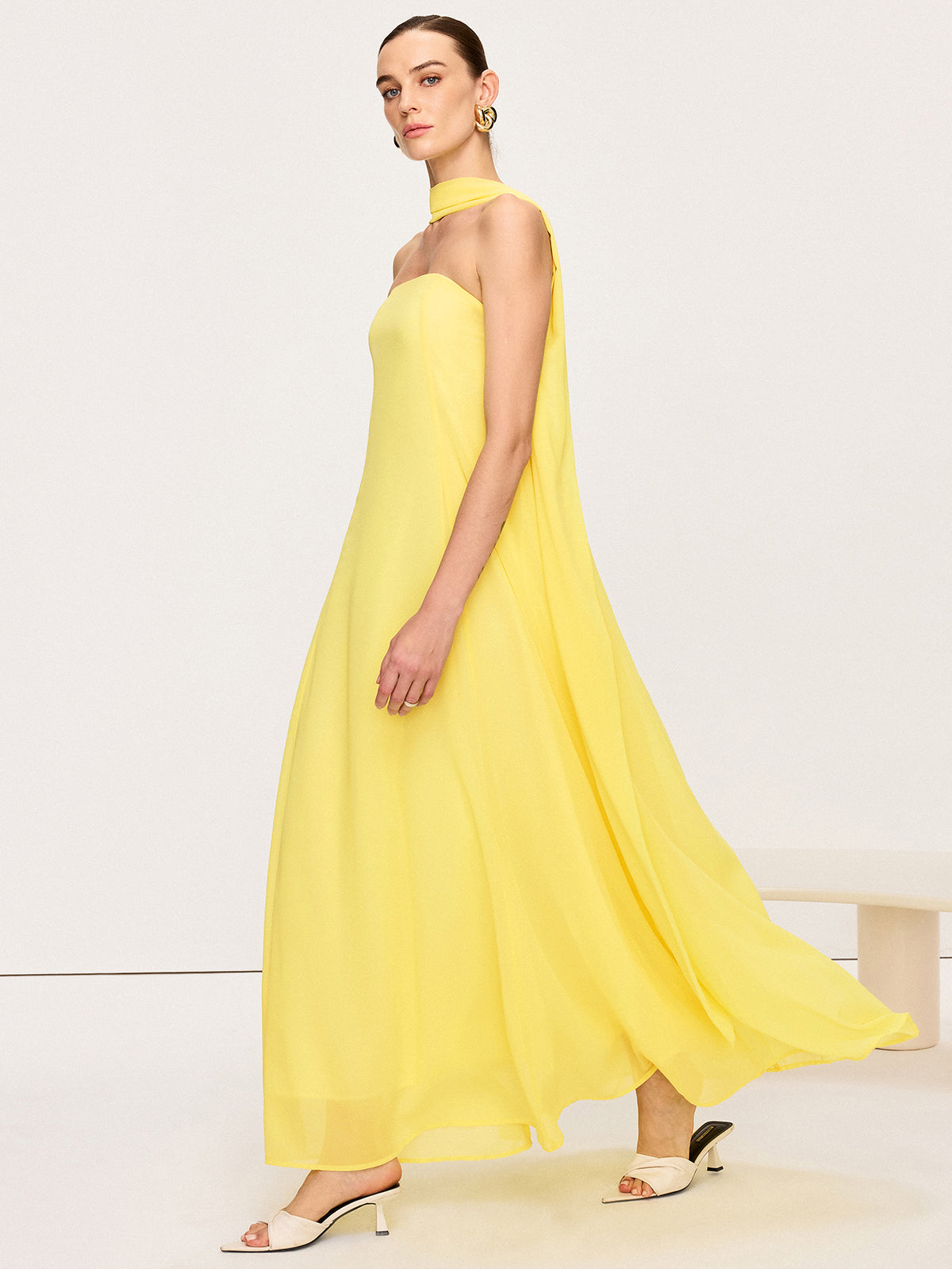 Robe longue en mousseline de soie à col montant/halter