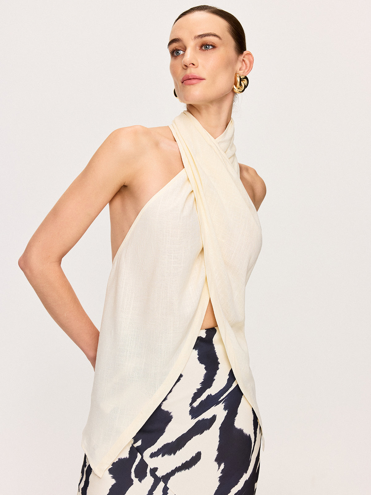 Semi-Sheer Cross-Halter Neck Wrap Top