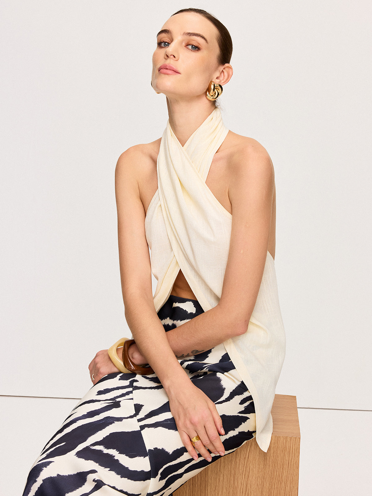 Semi-Sheer Cross-Halter Neck Wrap Top