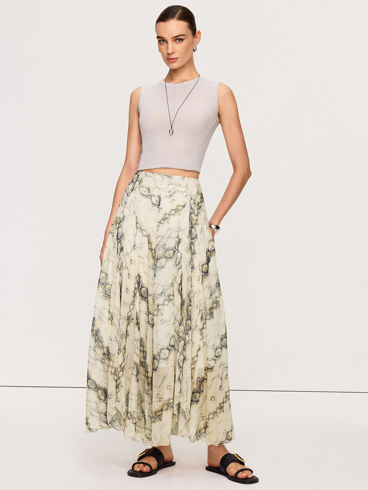 Semi-Sheer Snake Print Flowy Maxi Skirt