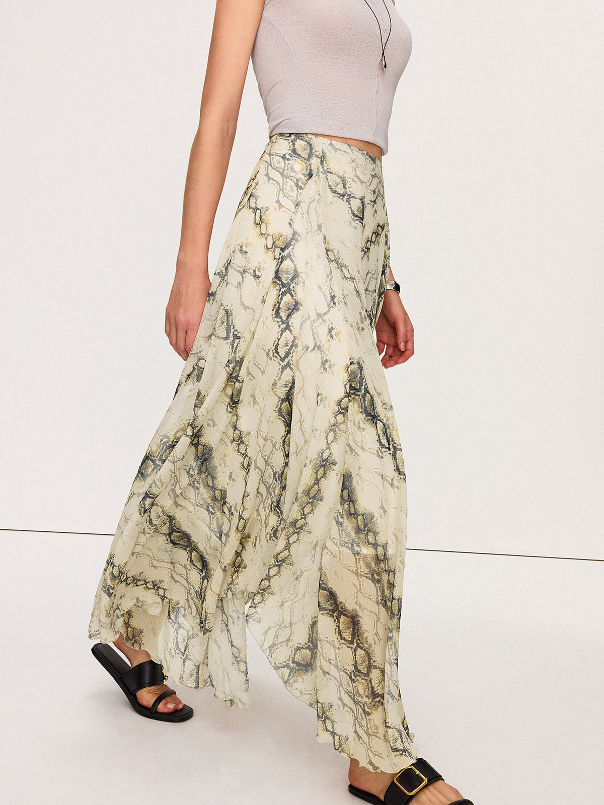 Semi-Sheer Snake Print Flowy Maxi Skirt