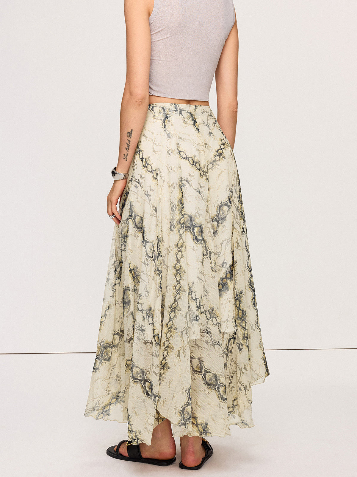 Semi-Sheer Snake Print Flowy Maxi Skirt
