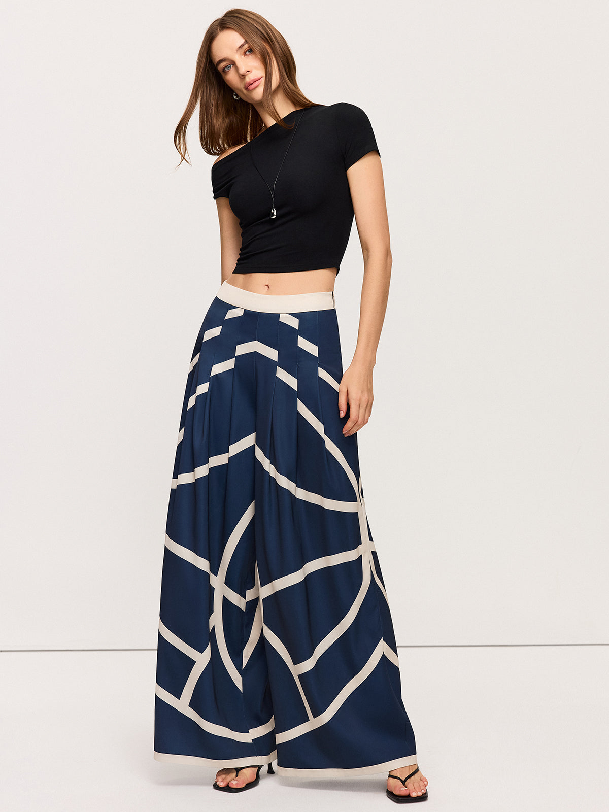 Gestreifte High-Waist-Hose mit weitem Bein