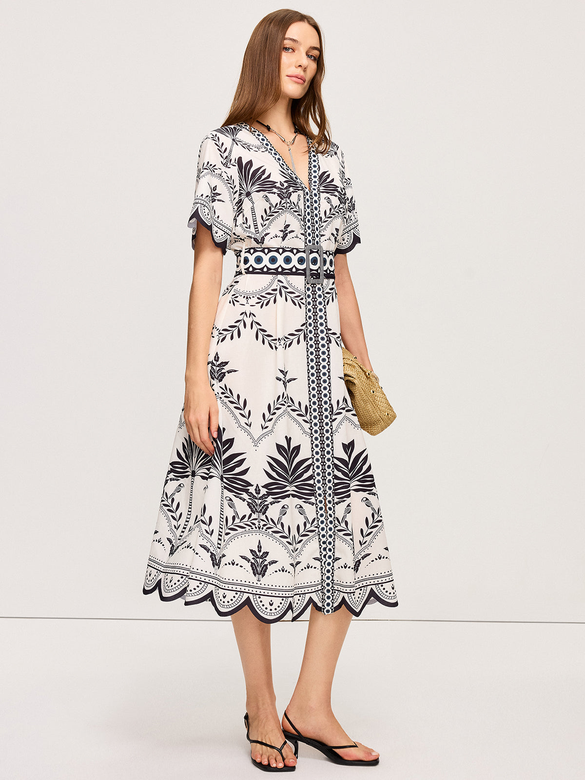 Boho Blumen V-Ausschnitt Midikleid