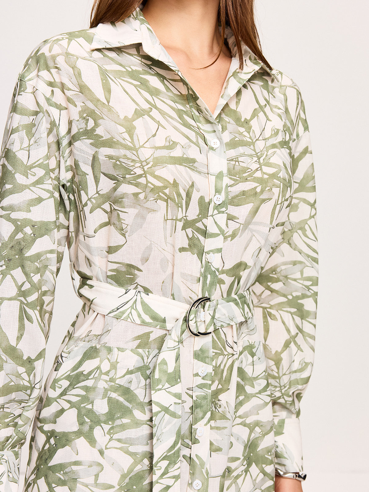 Leaf Printed Belted Midi Dress with Slits