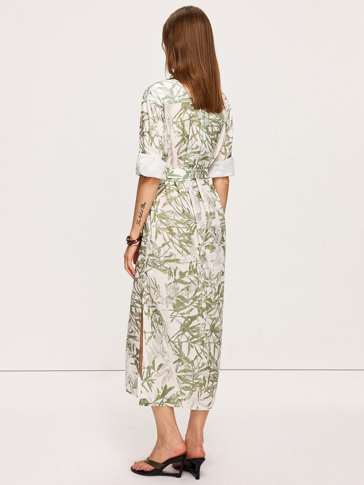Leaf Printed Belted Midi Dress with Slits