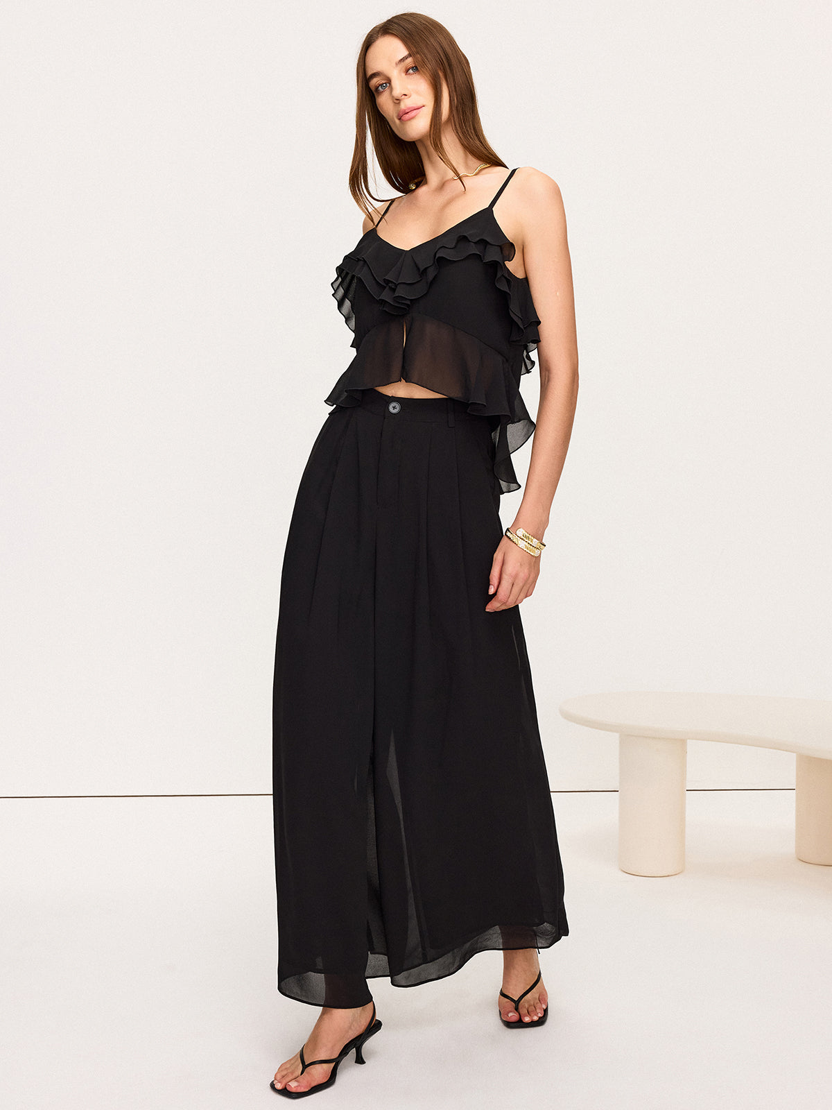 Chiffon Ruffle Top and Wide-Leg Pants Set