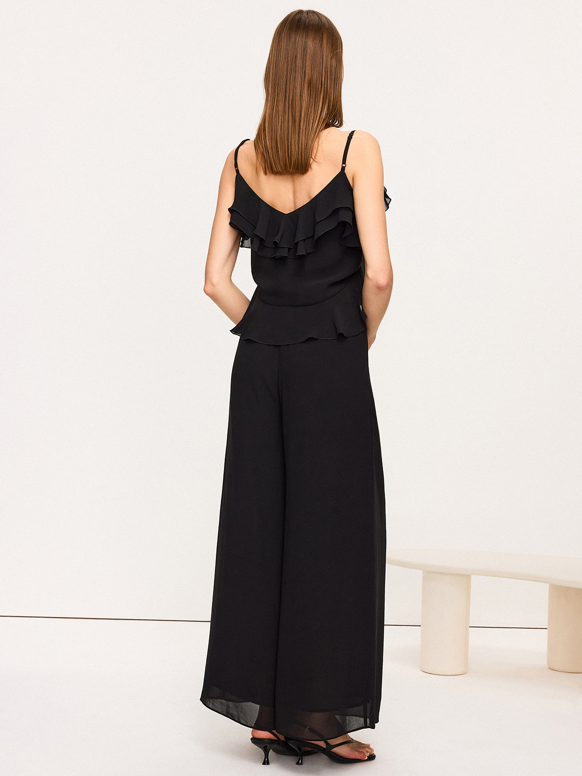 Chiffon Ruffle Top and Wide-Leg Pants Set