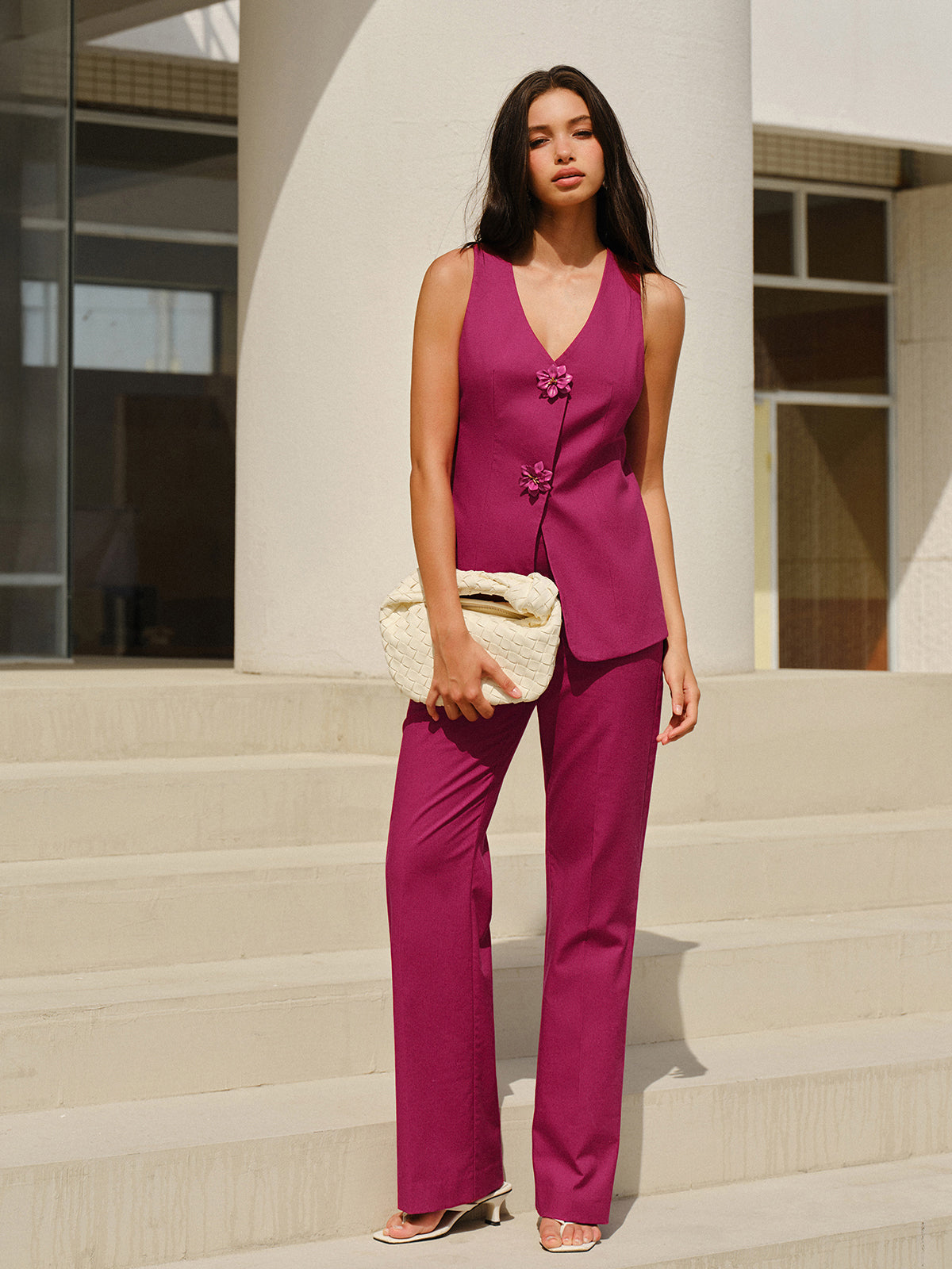 Sleeveless V-Neck Pants Set With Floral Buttons