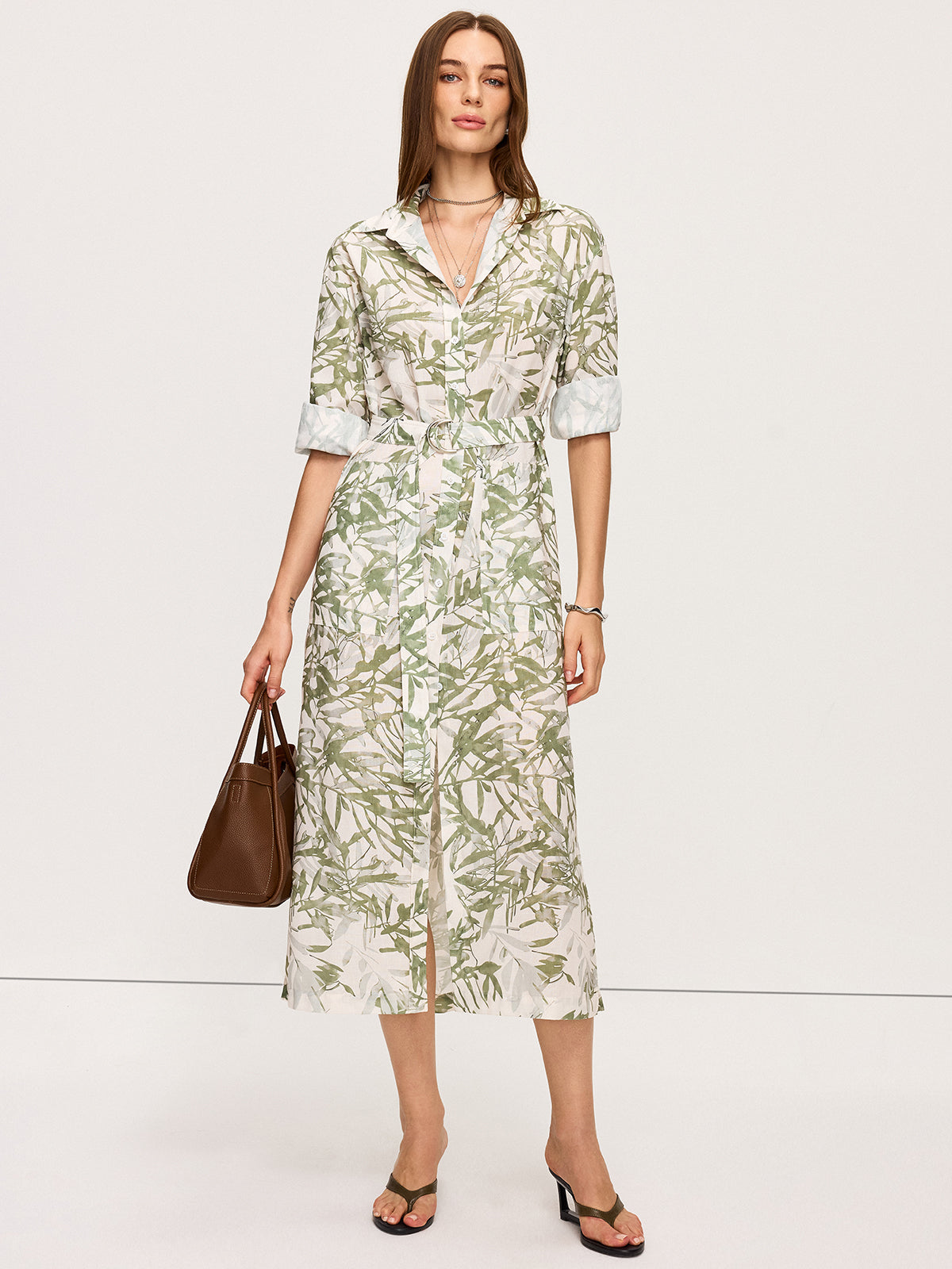 Leaf Printed Belted Midi Dress with Slits