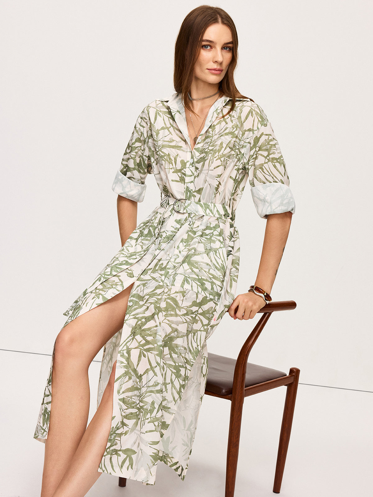 Leaf Printed Belted Midi Dress with Slits
