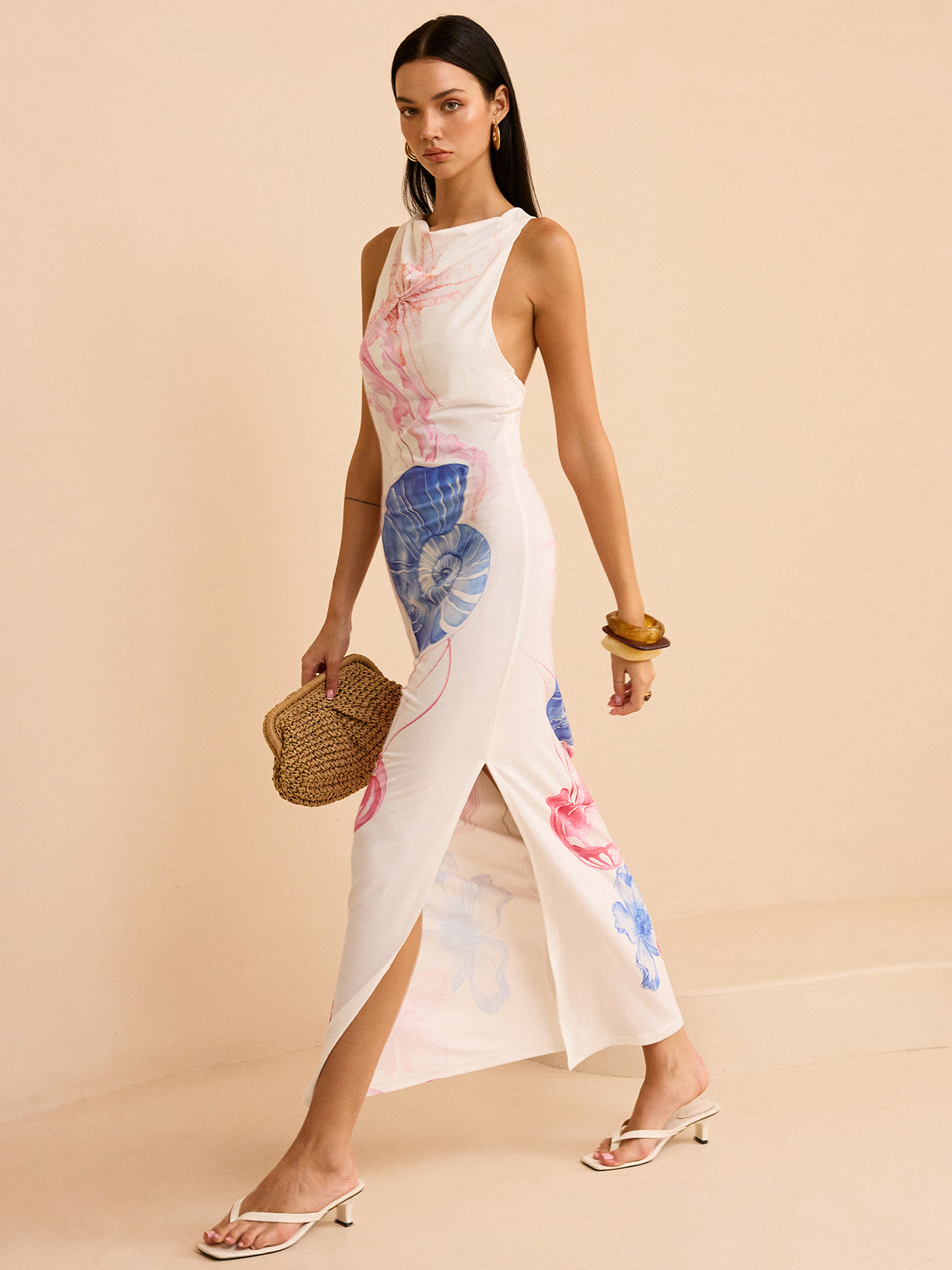 Robe longue semi-transparente imprimé océan avec fente