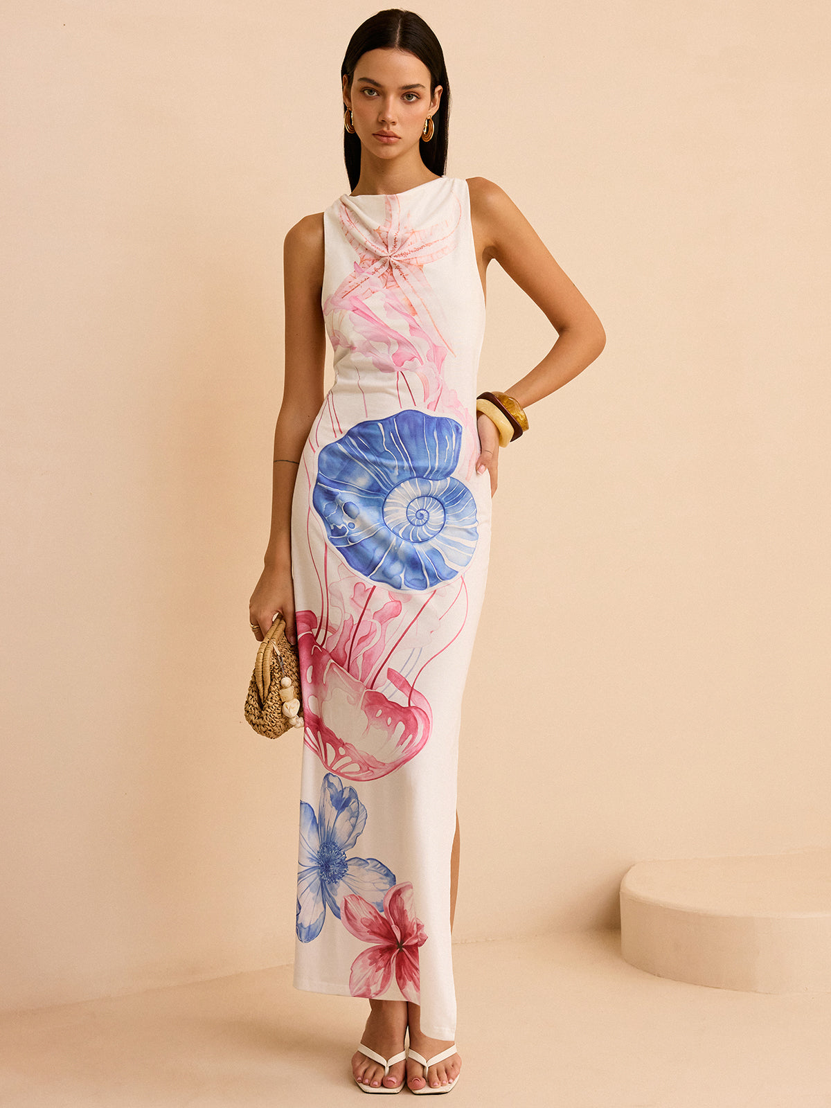 Robe longue semi-transparente imprimé océan avec fente