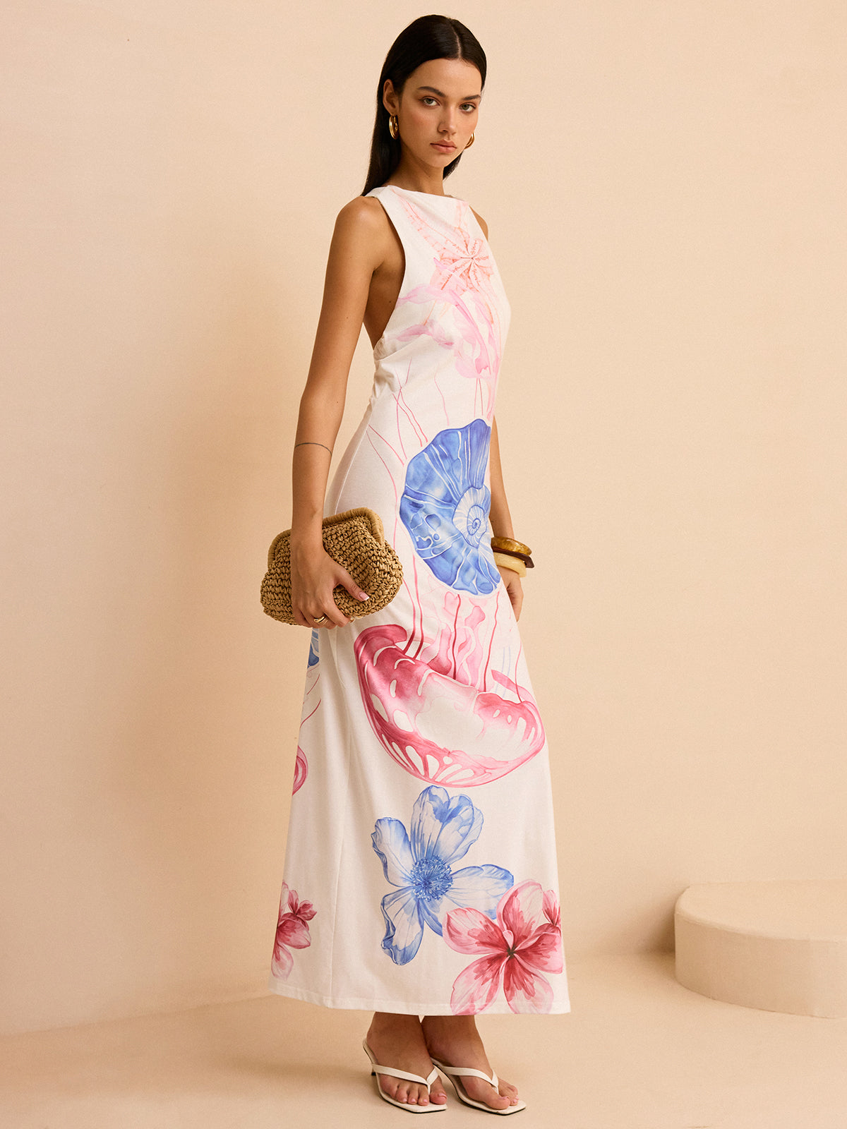 Robe longue semi-transparente imprimé océan avec fente