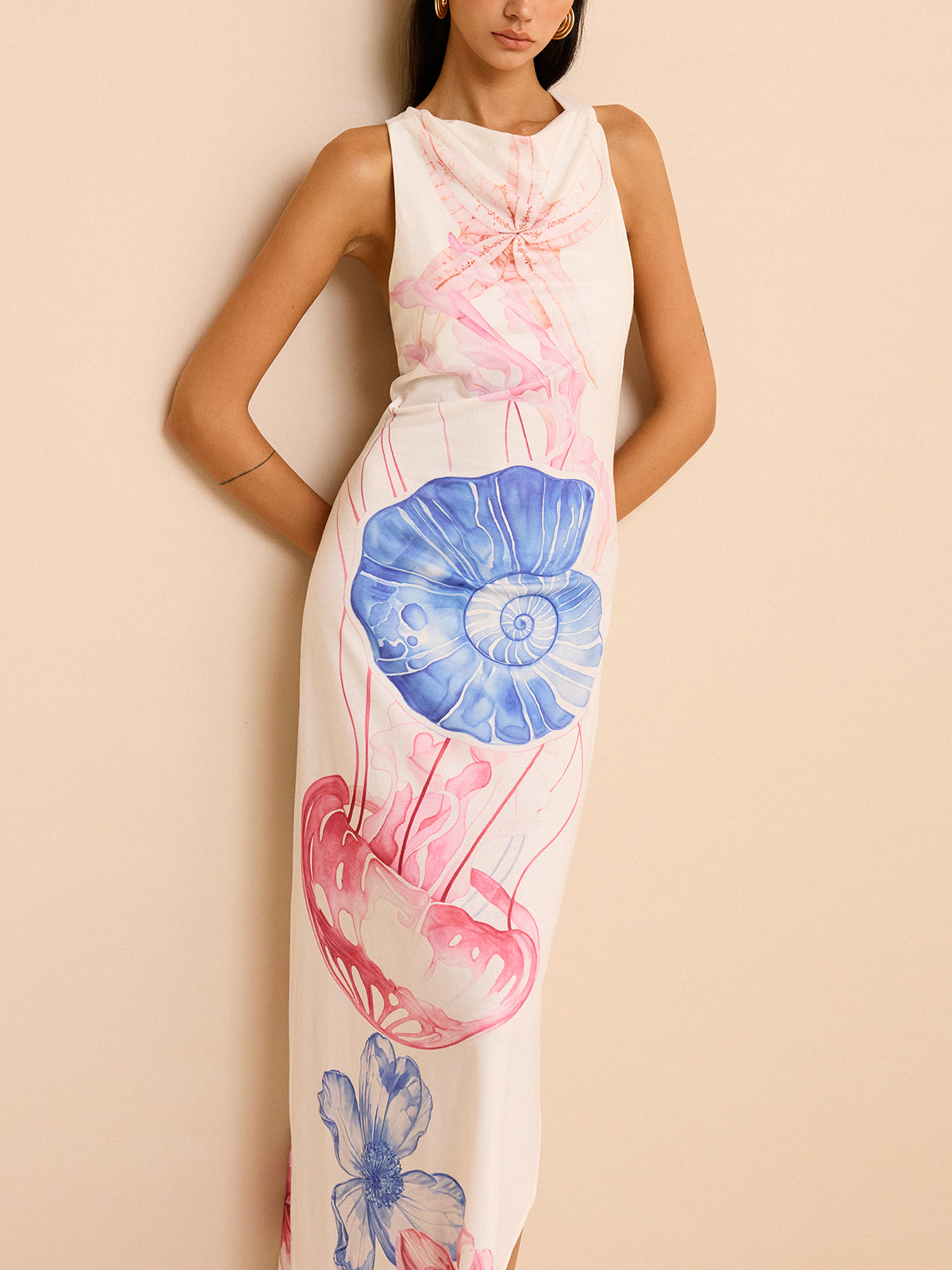 Robe longue semi-transparente imprimé océan avec fente