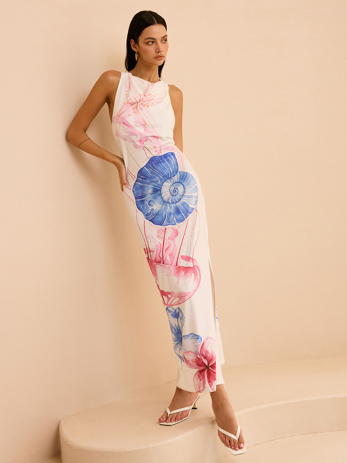 Robe longue semi-transparente imprimé océan avec fente