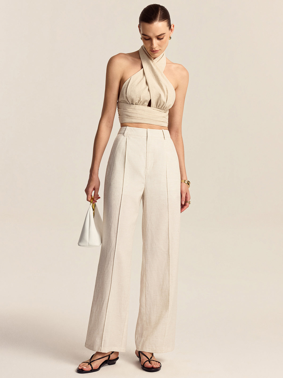 Leinen & Baumwolle Neckholder Crop Top