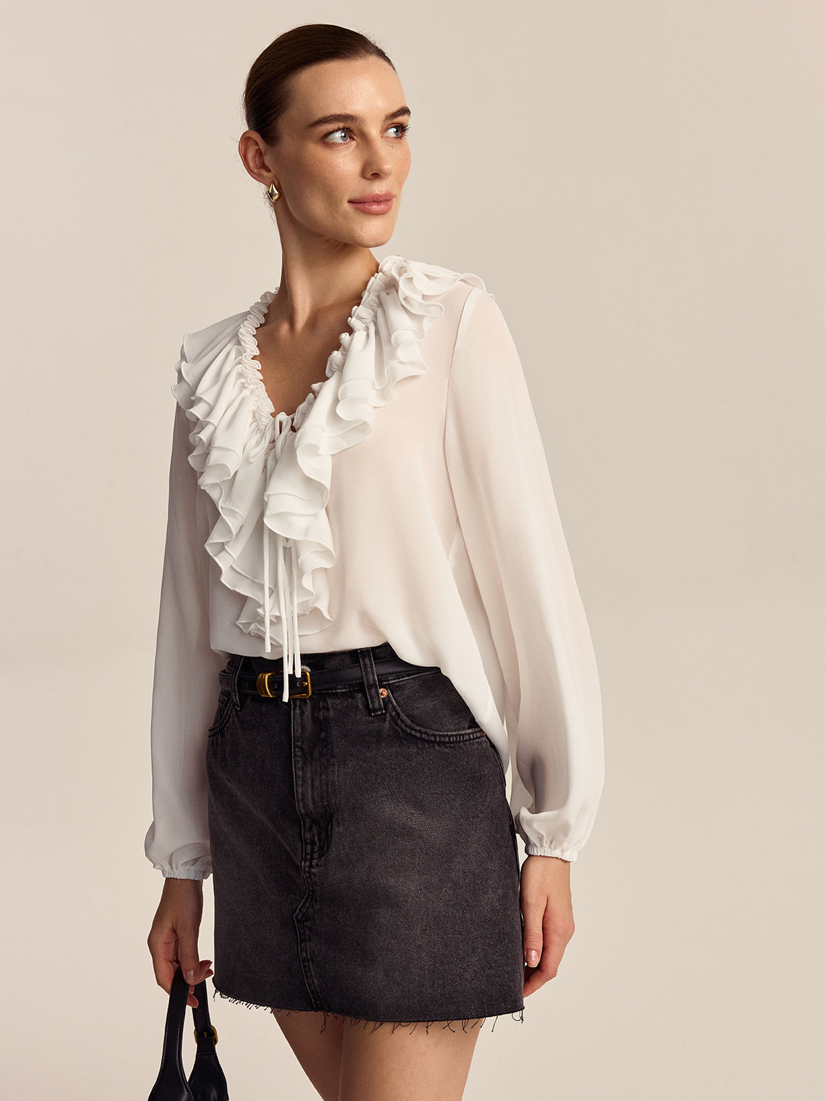 Ruffled V-Neck Chiffon Blouse