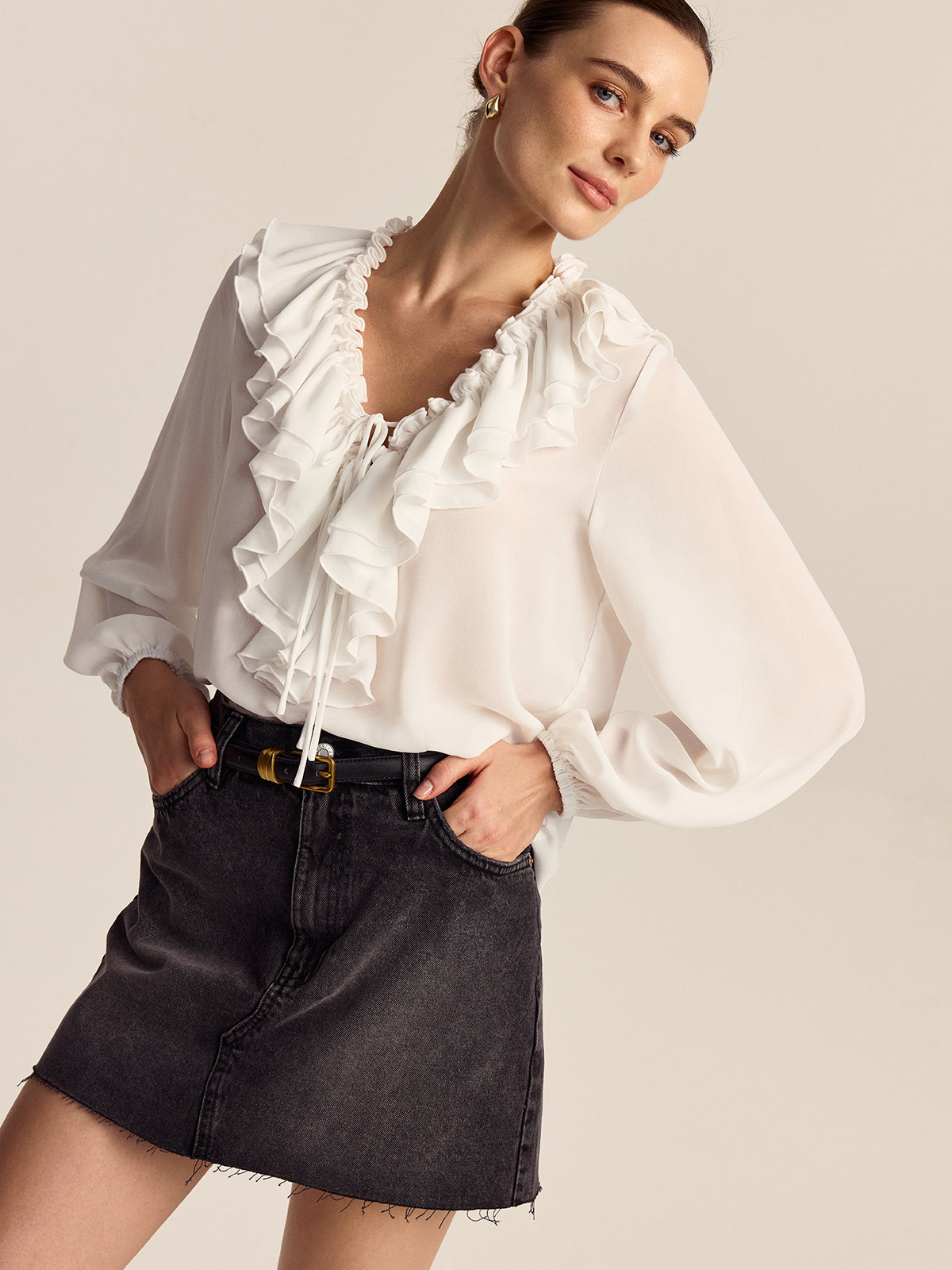 Ruffled V-Neck Chiffon Blouse