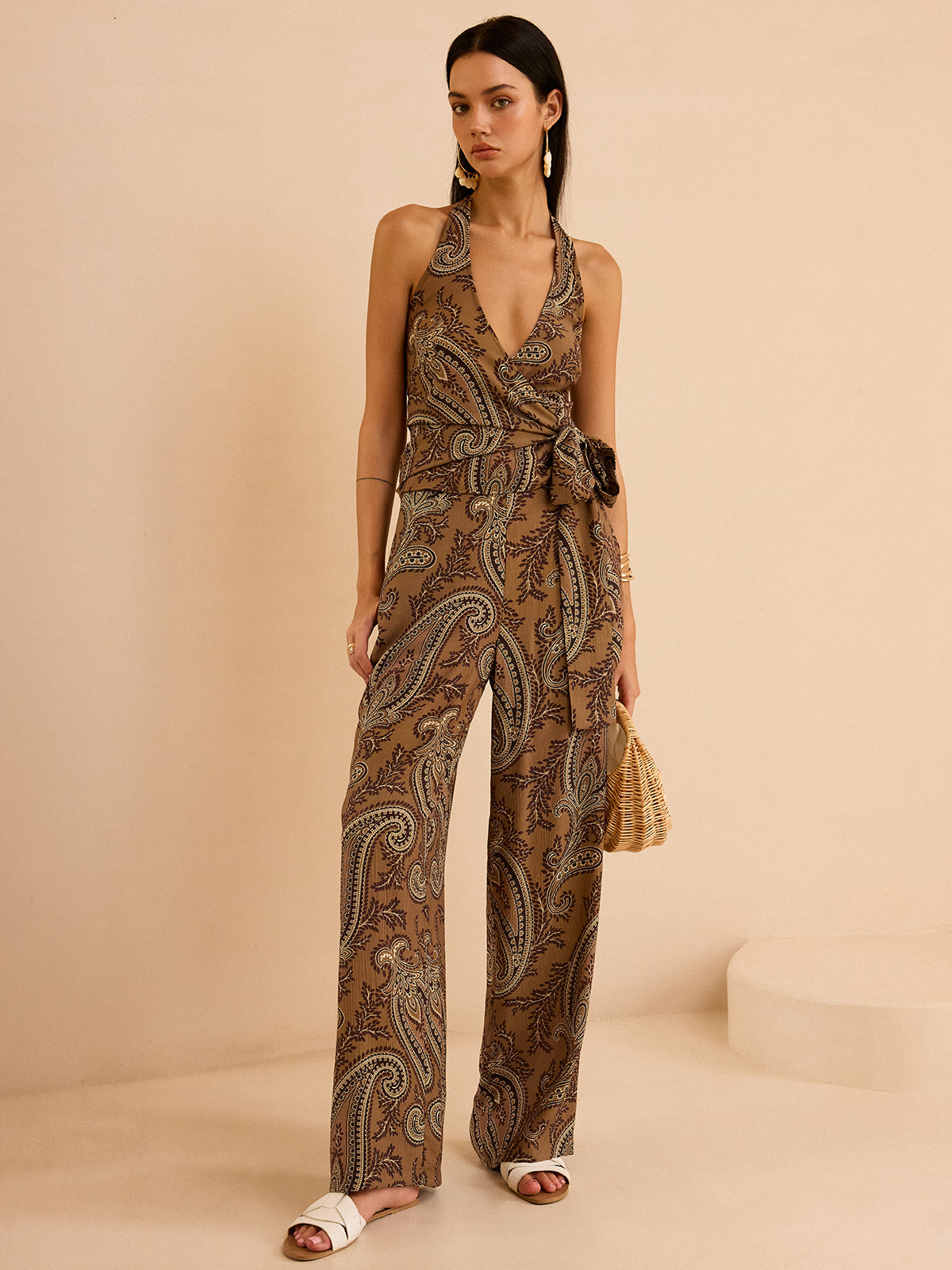 Ensemble haut dos nu et pantalon à imprimé cachemire